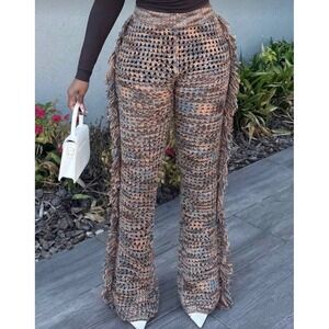 Boho Crochet Knit Fringe Pants Space Dye Wide Leg Festival Trousers Brown Blue